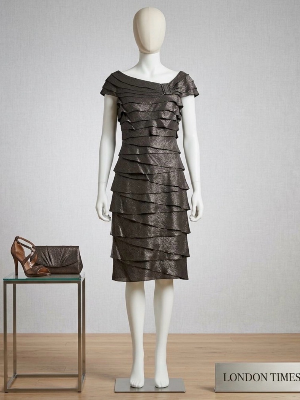 London Times Taupe Layered Shimmery Fabric Dress - Size 6